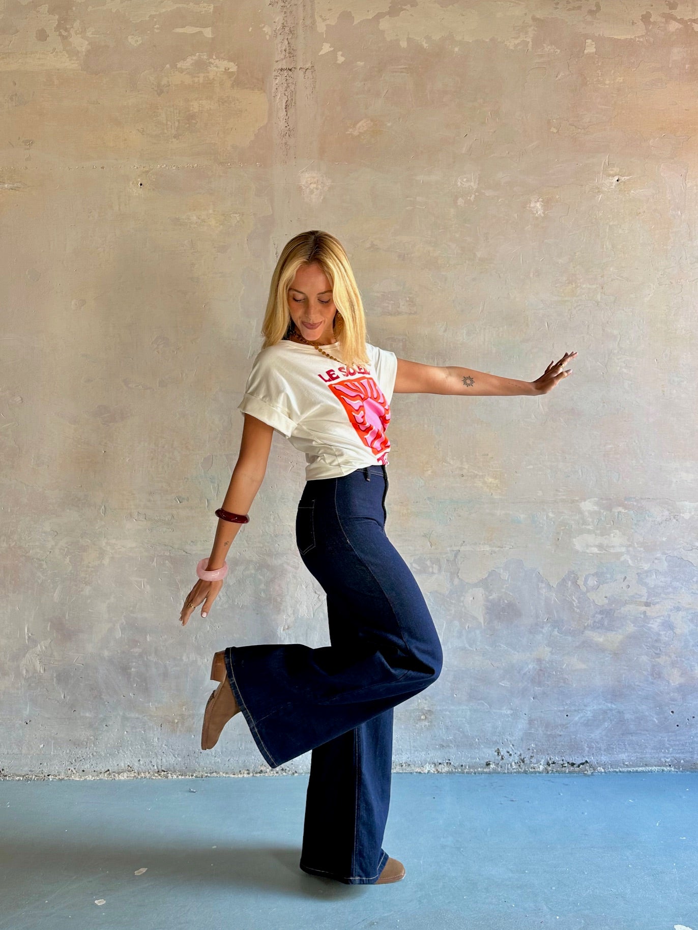 Jeans wide leg tiro alto