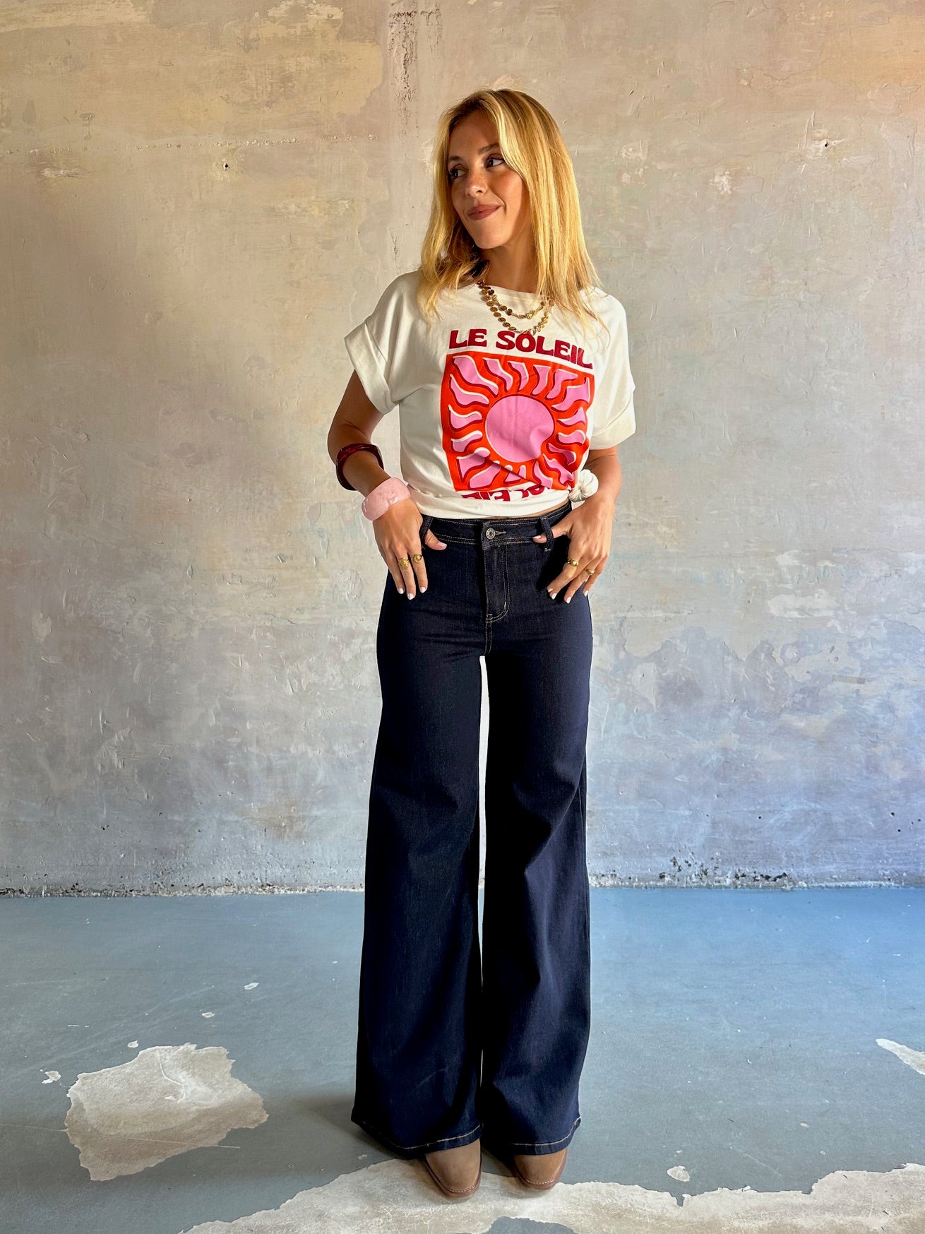 Jeans wide leg tiro alto