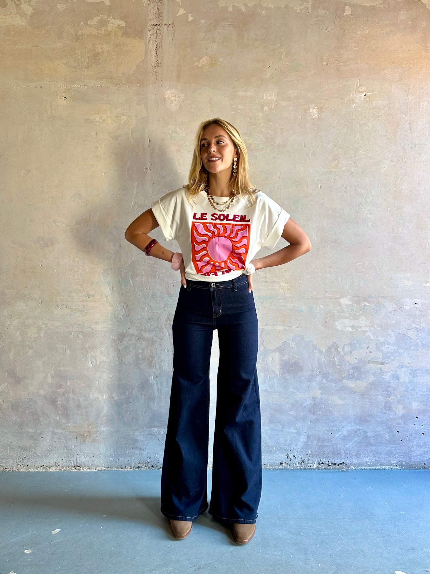 Jeans wide leg tiro alto