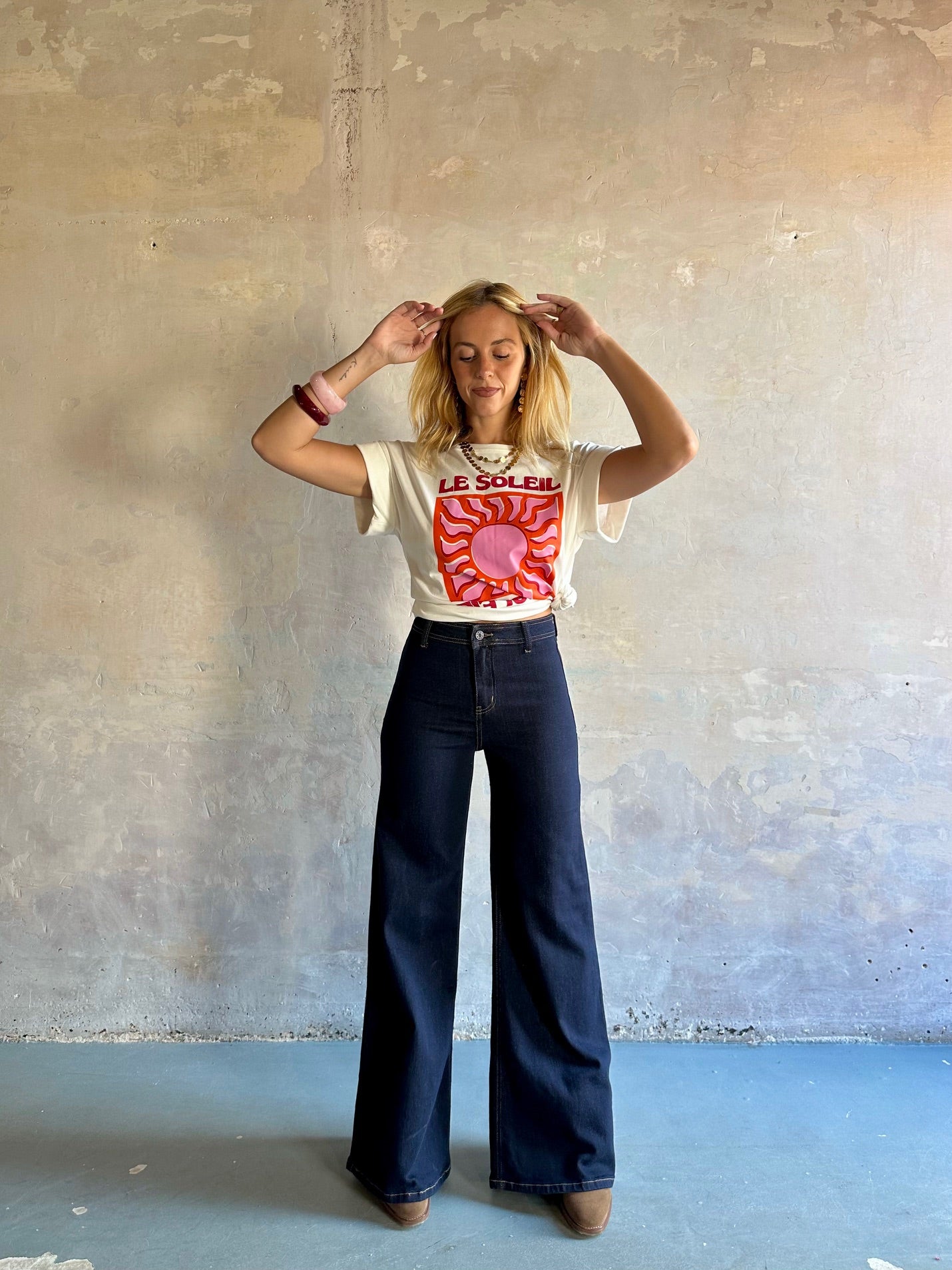 Jeans wide leg tiro alto